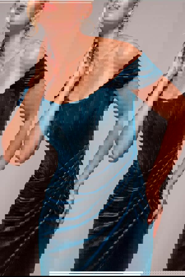 Draped Shoulder Velvet Corset Midi Dress - Tealblue DR4066