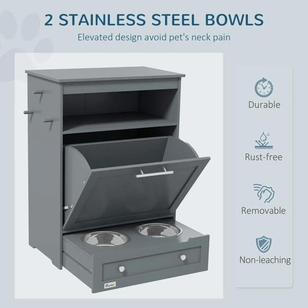 Grey pet feeder cabinet featuring two stainless steel raised bowls