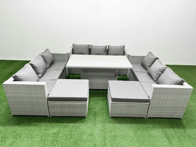 Fimous 6 PCs Rising Dining Table Set Rattan Furniture Set with 3 Seater Sofa 2 Big Footstool Light Grey