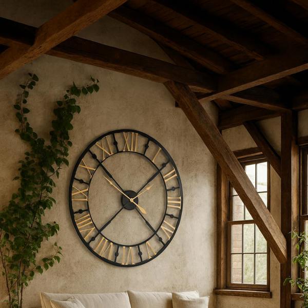 Wyld Haus 95cm Industrial Black and Gold Metal Roman Numeral Open Frame Wall Clock