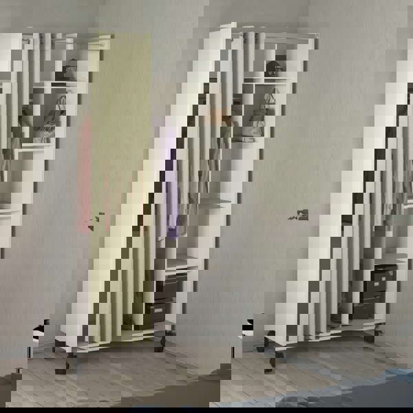 Furniture To Go Uppsala Open Mobile Wardrobe Unit in White with a Beige Textile Curtain on Wheels