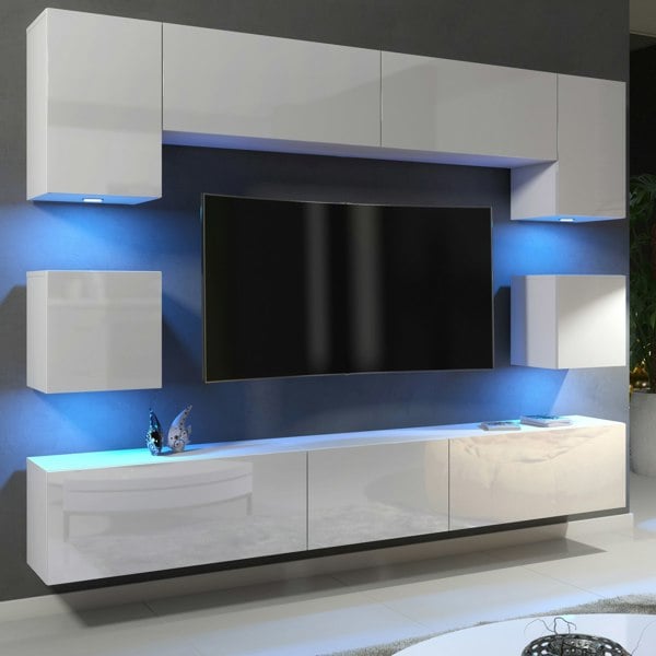Mex Furniture Modern Wall Unit 242cm – White Matt Body & White Gloss Doors – 9 Elements with Full Storage + Free RGB LED