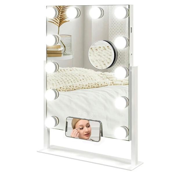 Tabletop makeup mirror with 12 LED bulbs, round lighted frame, white base