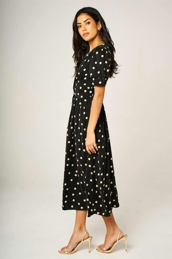 FS Collection Dot Print Button Front Midi Dress In Black With Puff Sleeves