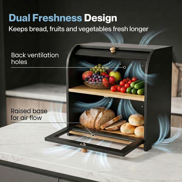 Toque Bread Box  2-Tier Large Capacity Roll Top  Black Bamboo  Acrylic Door