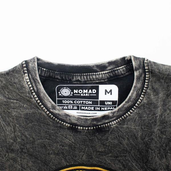 Charcoal crew-neck T-shirt with inner label showing 100% cotton and size M