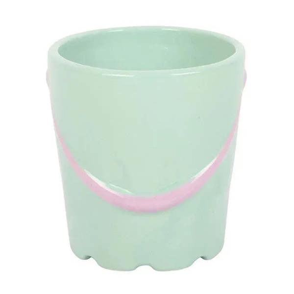 Mint bucket mug with pink curved rim graphic and scalloped base