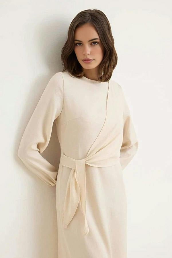 WOVCOR Tie Waist Long Sleeve Maxi Dress