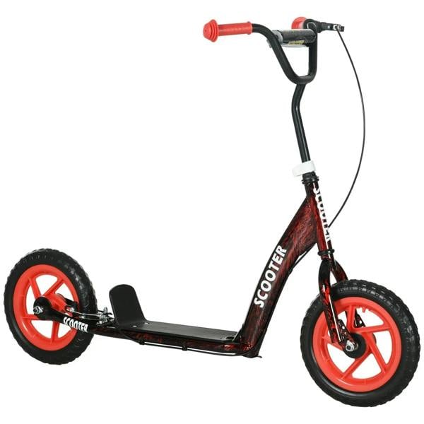 Red and black kids kick scooter with two front wheels, rear brake, and kickstand