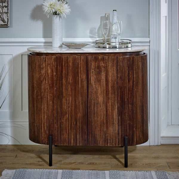 IH Design Miel Mango Wood Sideboard/Drinks Cabinet With Marble Top & Metal Legs