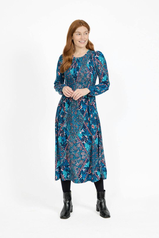 Mudflower Floral Print Shirred Soft Touch Bodice Midi Dress