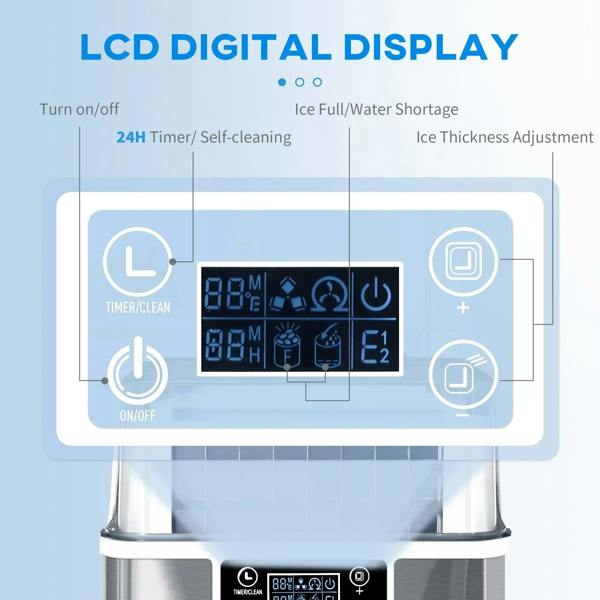 LCD digital display on silver-tone compact ice machine with control icons