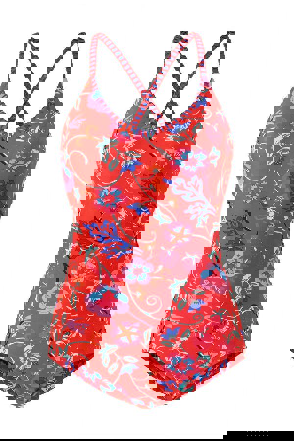 Blanket Stitch Red Pattern Cross Back Swimsuit