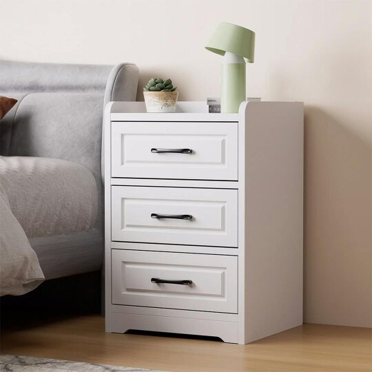 Havendro 3 Drawer Bedside Cabinet, White Chest Table, Solid Wood Bedroom Furniture