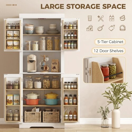 HOMCOM 183 cm Tall Kitchen Cupboard with Door Racks, Kitchen Cabinet, White