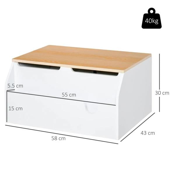 White and light wood kids toy box with hinged lid; size markings show 58x43x30 cm