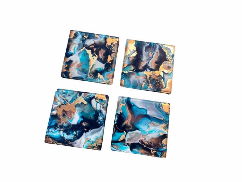 Kate Chesters Art Blue Bronze Gold Abstract Art Set of 4 Drinks Coasters