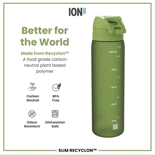 A green water bottle sits against a white background. It's made from a plant-based polymer, is BPA-free, and dishwasher safe. The bottle displays measurements in milliliters and ounces.