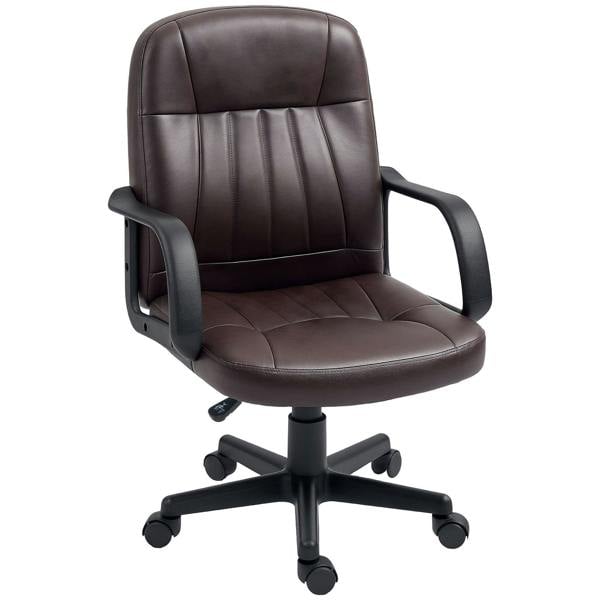 Dark brown PU leather swivel executive chair with padded arms, tufted back, casters