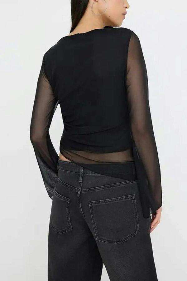 WOVCOR Shawl Print Boat Neck Asymmetric Detail Fitted Long Sleeve Mesh Blouse