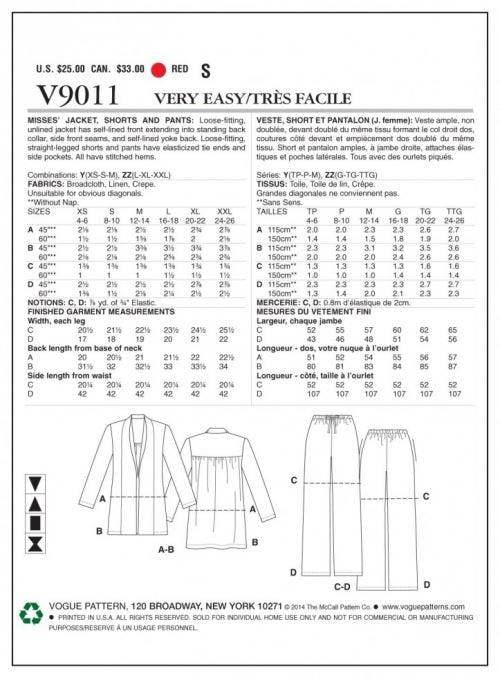 Vogue Sewing Pattern 9011, Jackets, Trousers, Shorts for Women, XS-S-M - Easy