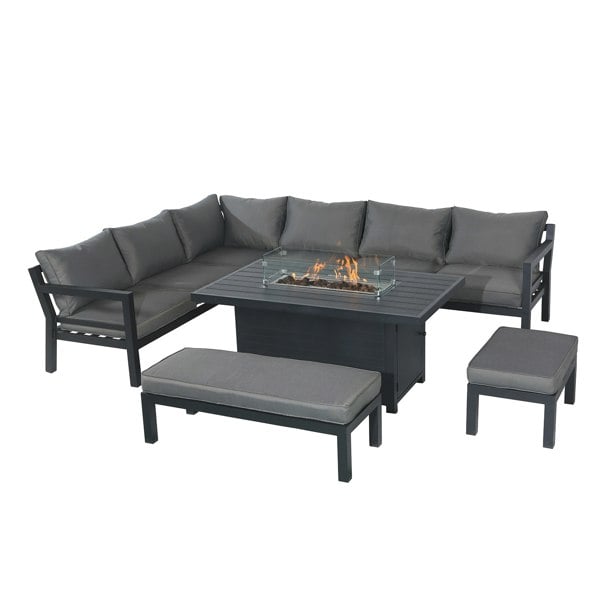 Furniture One Outdoor Gas Fire Pit 8 Seater Dining Table Set, Corner Sofa with Soft Cushions & 2 Benches