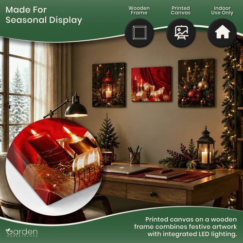 Christmas Ribbon & Candles LED Canvas Picture Print, Wooden Frame Wall Art with Switch, 40cm x 30cm, Battery Powered
