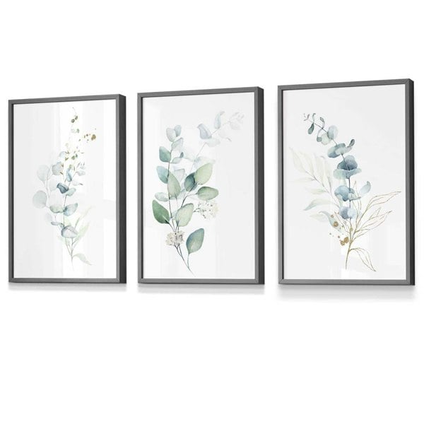 Artze Wall Art Set of 3 Framed Eucalyptus Blue Green and Gold Splash Prints