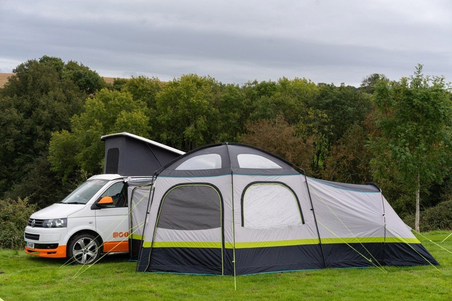 The OLPRO Hive Campervan Awning Fibreglass Poles - with Sleeping Pod attached to a VW T5.