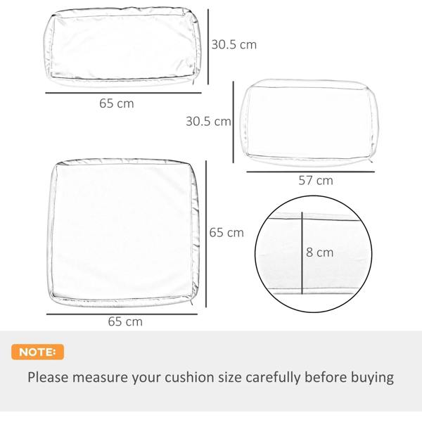 Cream cushion cover dimensions diagram: 65 cm and 57 cm widths