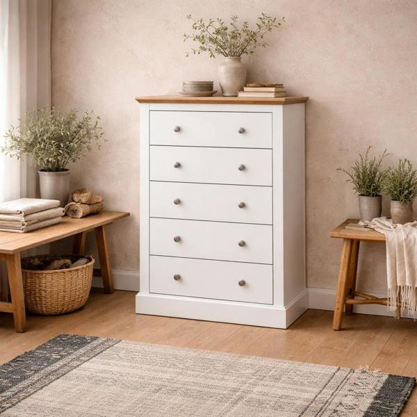 Wyld Haus Ardee White and Natural Oak Wooden 5 Drawer Storage Chest