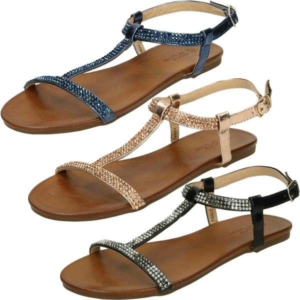 Spot On Ladies Spot On Flat Diamante T-Bar Sandals