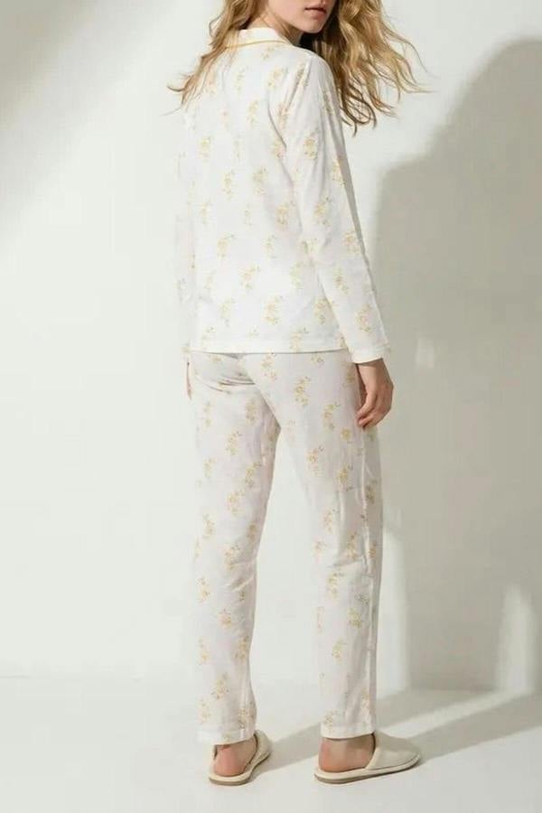 WOVCOR 2-Piece Cotton Floral Trimmed Ribbed Pajama Set
