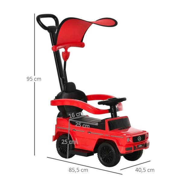 Red kids ride-on push car with steering wheel, gray seat and long push handle