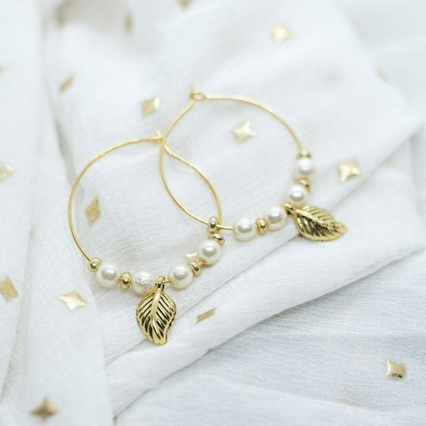 The Colourful Aura Gold Plated 30mm White Beaded Dangle Leaf Charm Huggie DaintyHoop Earring