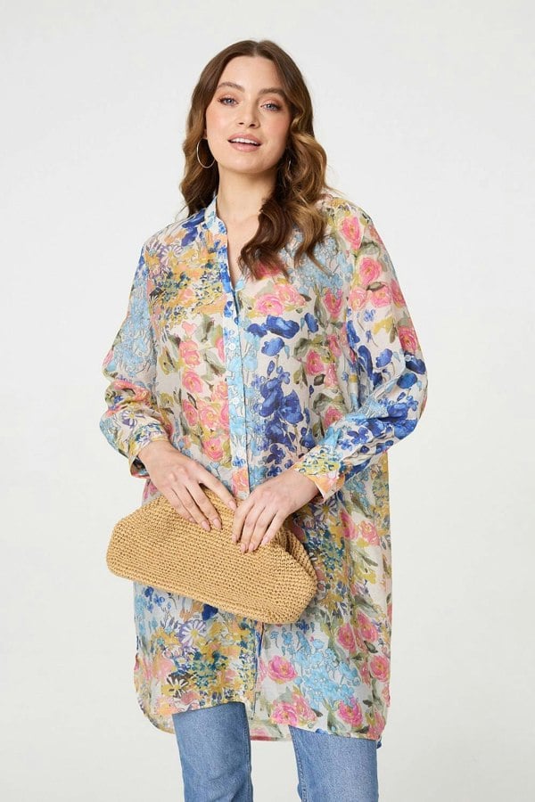 Blue | Floral Print Longline Semi Sheer Shirt
