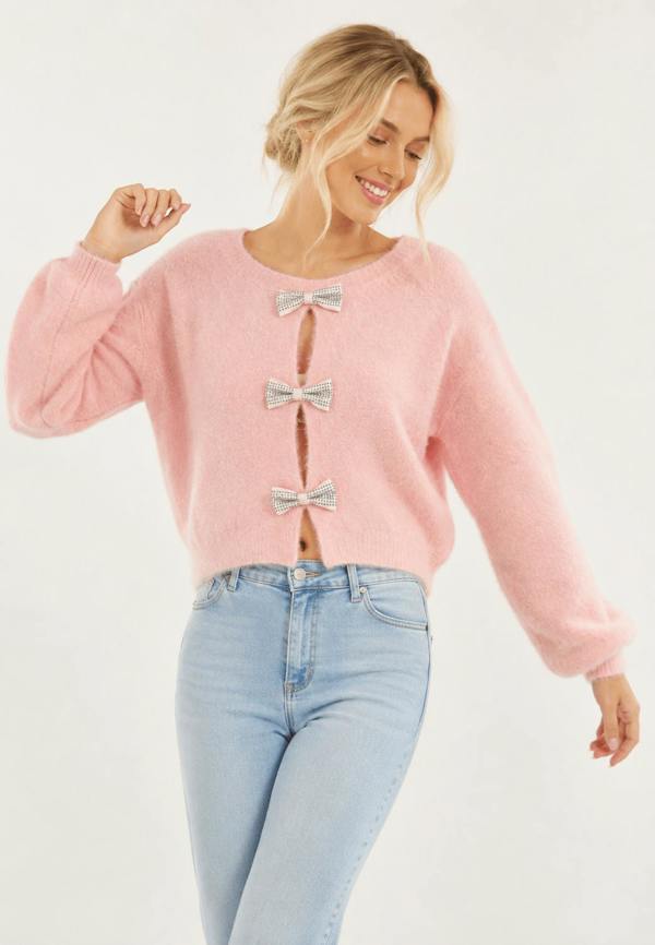 SOFT TOUCH CRYSTAL BOW DETAIL KNIT JUMPER - Claudio Lugli Shirts