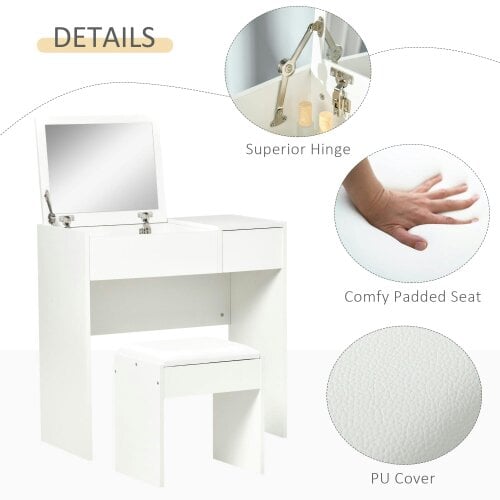 Wyld Haus Firazzi White Vanity Desk With Flip Mirror Drawer Storage And Cushioned Stool