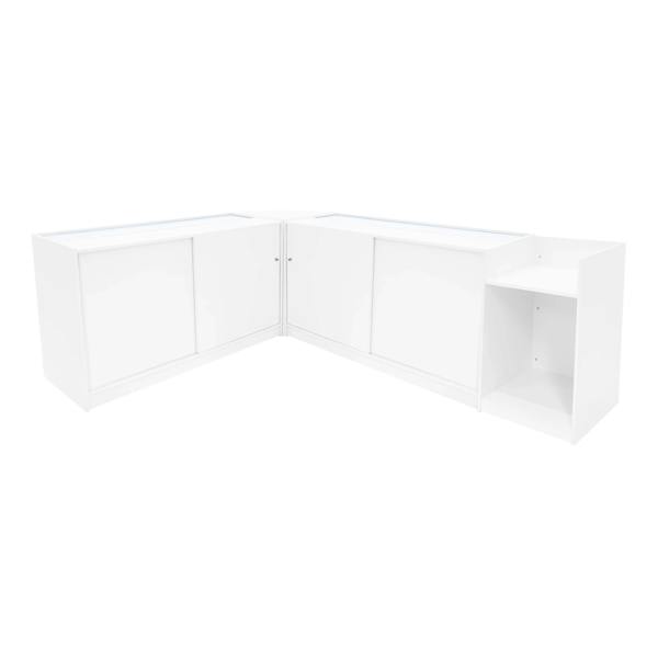 Vega LED Shop Counter Set in white, featuring sleek design, smooth surfaces, and ample storage with glass display tops