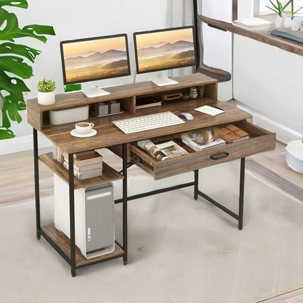Rafaelo Mobilia Computer Desk With Monitor Stand, Shelves And Drawer Rustic Brown