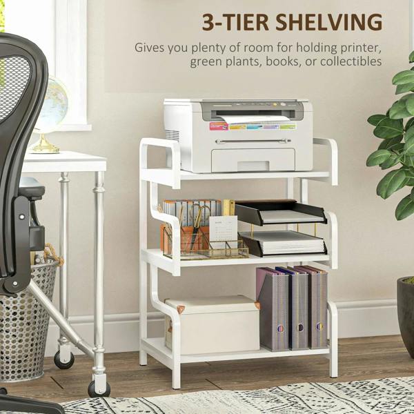 White 3-tier printer stand holding a printer and office supplies on open shelves