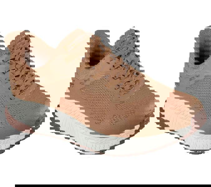 Skechers Bobs Squad 4 Chaos Mens Slip-Ins Casual Trainers, tan-colored sneaker with mesh and synthetic upper, cushioned white sole, and lace-up closure.