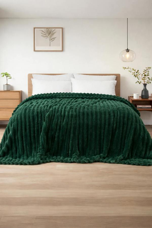 Dyzi Ribbed Jacquard Fleece Bed Blanket Throw 150x200cm Green