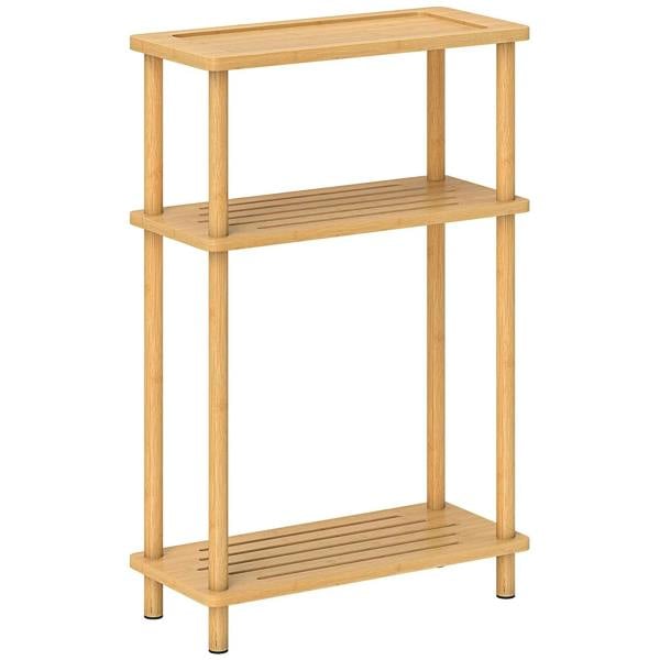 Natural bamboo side table with 3 shelves, slim rectangular frame, open design