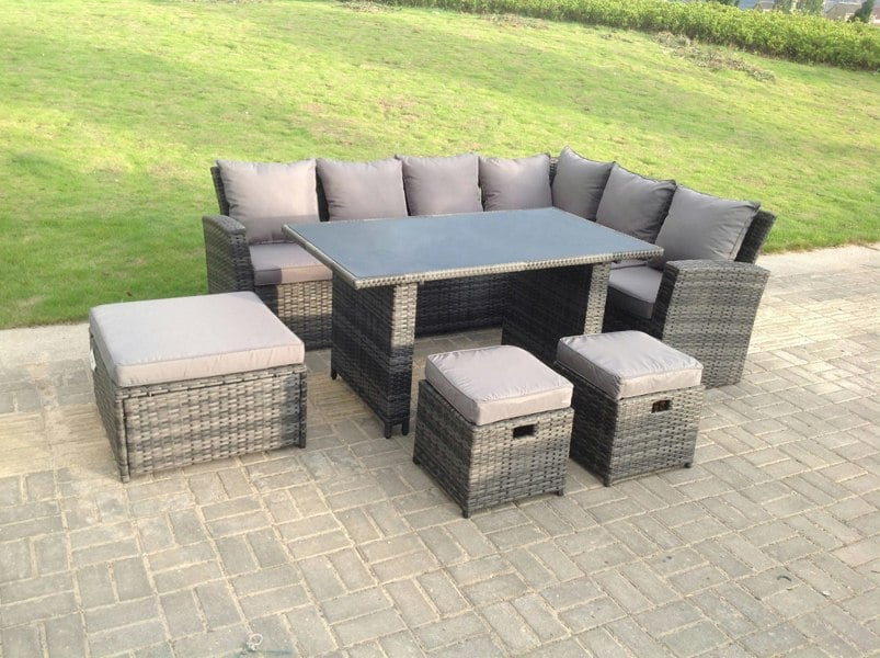 Fimous 9 Seater High Back Rattan Garden Furniture Set Corner Sofa With Black Tempered Glass Dining Table 3 Stool