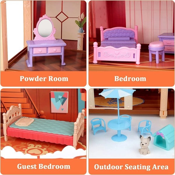 deAO Toys Dream Dolls House Playset for Kids 3-Story Castle Dollhouse 2 Dolls Toy Figures 14 PCs Furniture Accessories Multiple Assembly Toy Gift