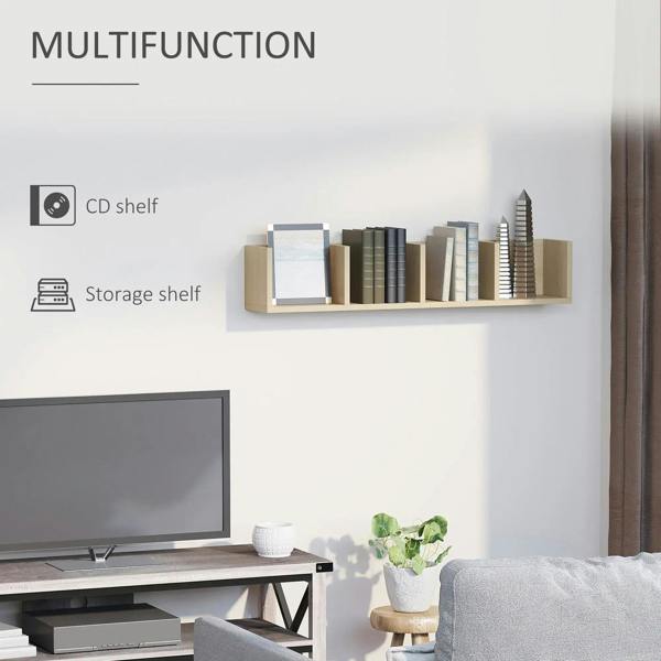 Wall-mounted wooden media storage shelf with four open cubes, natural wood finish