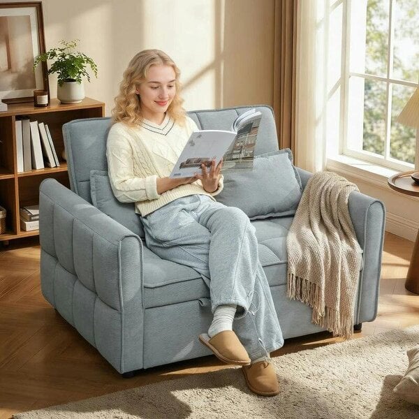 2 Seater Sofa Bed, 3-in-1 Convertible Sleeper Sofa with Click-clack Adjustable Backrest and 2 Pillows, Grey - Grey
