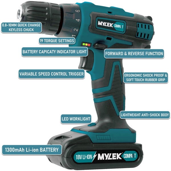 MYLEK 18V Cordless Drill Li-ion Electric Driver Set Also With 131 DIY Accessory Set