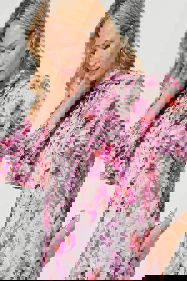 Purple | Floral 3/4 Puff Sleeve Relaxed Shirt